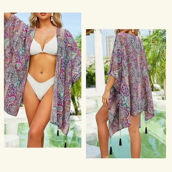 Kimono Boho Top Swim Cover Up Tassel NEW - Picture 2 of 6